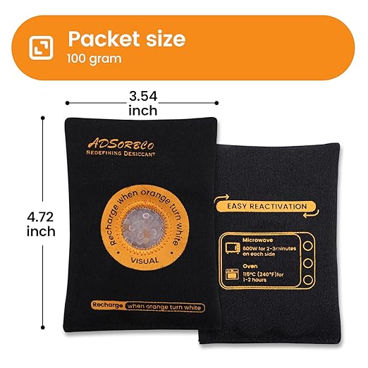 ADSorbco Rechargeable Desiccant Packs for Storage, Rechargeable Silica Gel Packets, Color Indicating Desiccant Packs for Suitcase, Storage Bins, 3D Filaments, Electronics, Cars, Safe (12, 100g) - Image 2