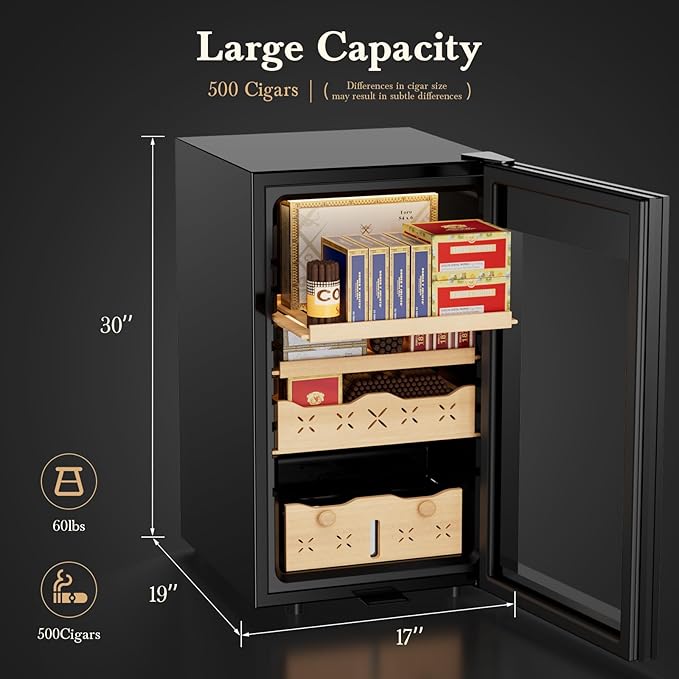 65L Electric Cigar Humidor,500 Counts Cigar Large Capacity,Intelligent Temperature & Humidity Control,Spanish Cedar Wood Drawer,Digital LED Display,Stainless Steel Lockable Humidor Cabinet, Black - Image 2