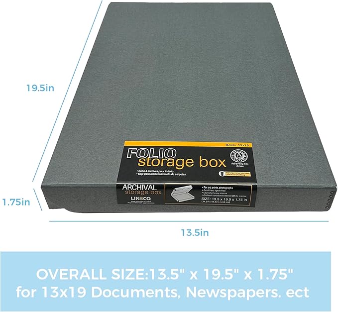 Lineco Folio Storage Box, Clamshell Design with Metal Edge. 13.5x19.5x1.75 Inches, Archival Boxboard, Preserve Photos, Cards, Magazines, Documents, Art, Ephemera, Family Records, Gray, Pack of 2 - Image 2