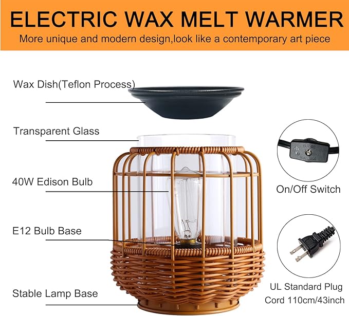 kobodon Electric Wax Melt Warmer Birthday Gifts for Women and Mom Edison Wax Warmer Fragrance Warmer for Home Office Gifts & Decor(Rattan Aroma Lamp) - Image 6