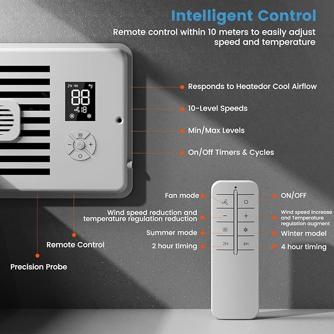 Ideashop Quiet Register Booster Fan Fits 4" x 10" Register Holes, Improves Heating & Cooling AC Vent Booster Fan, Smart Vent 10-Speed Adjustable with Thermostat & Remote Control, for Wall and Floor - Image 7