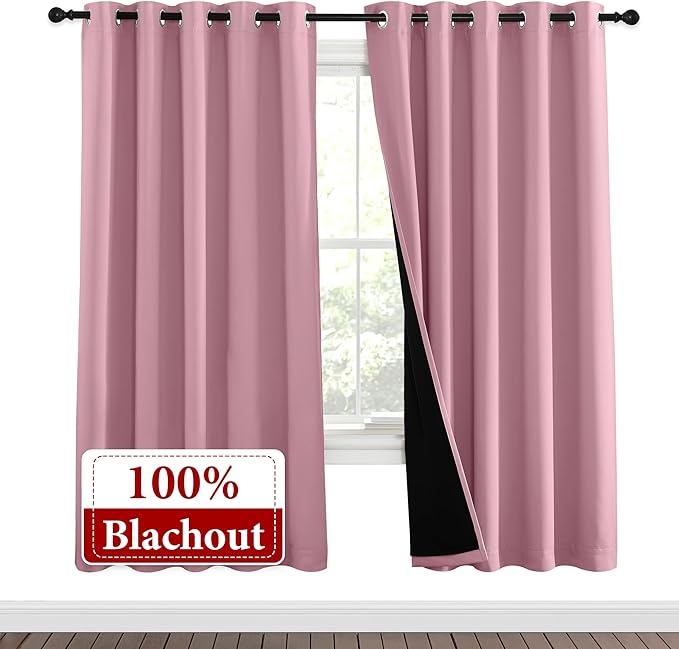 NICETOWN Crystal Pink Full Shade Curtain Panels, Pair of Energy Smart & Noise Blocking Out Blackout Drapes for Dining Room Window, Thermal Insulated Guest Room Lined Window Dressing(62 x 72 inch) - Image 2