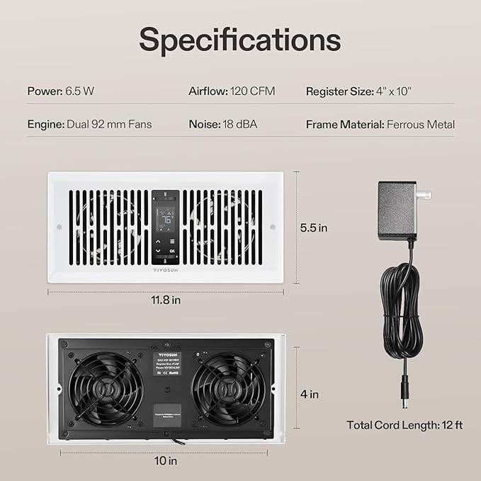 VIVOSUN Quiet Register Booster Fan for "  " Holes, Cooling Heating Vent Fan with 10-Speeds App Control &Adjustable Wind Direction, Thermostat Control for Bedroom, Bathroom &Attic, White - Image 8