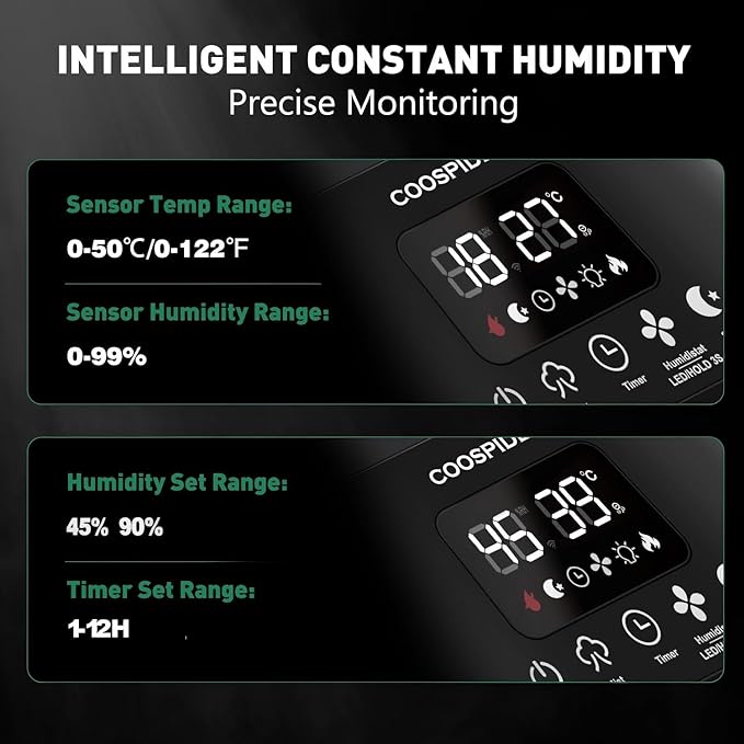 Coospider Grow Tent Humidifiers with Dual Hose, Quiet Cool Mist Fogger with Timer & Humidity Control, Humidifier for Indoor Plants, Grow Room, Mushroom, Terrarium, Bedroom, Greenhouse - Image 2