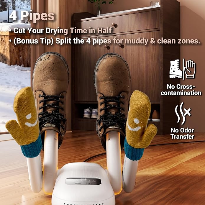 Boot Dryer, Shoe Dryer, Electric Gloves Warmer | Boost Mode, 4-Pipes with Timer, UV Light Sanitization & Odor Absorption, Quiet Portable Warmer for Ski Boots, Shoes, Gloves, Socks, Hats - Image 4