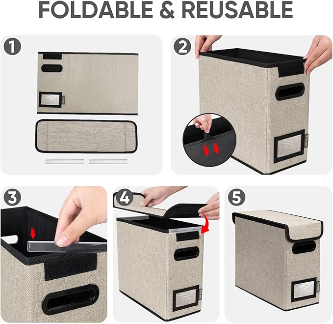 BALEINE File Organizer Box with Lid, Collapsible File Folder Organizer with Plastic Slide, Hanging File Folder Box for Office Document Storage (2 Pack, Beige, S) - Image 8