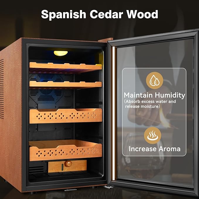 Electric Cooler Cabinet 70L with Temperature and Humidity Control, Leather Finish, Spanish Cedar Wood Shelves and Safety Lock (500 Counts Capacity), Gift for Men - Image 6