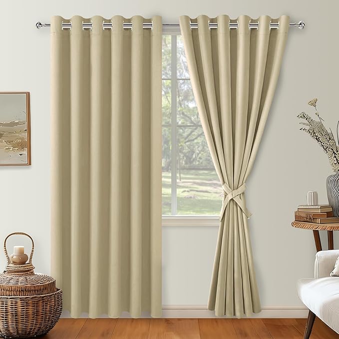 Hiasan Grommet Blackout Curtains for Bedroom, 70 x 84 Inches - Thermal Insulated & Light Blocking Window Drapes for Living Room/Dorm Room, Set of 2 Panels Sewn with Tiebacks, Light Beige - Image 2