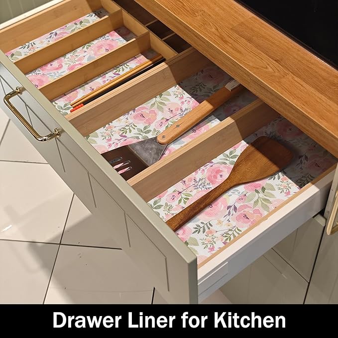 Peach Peony Shelf and Drawer Liner for Kitchen,Non-Adhesive and Strong Non-Slip Floral Cabinet Drawer Liners for Kitchen Shelf, Waterproof Cupboard Liners,Easy to Clean,12IN x 10FT - Image 4