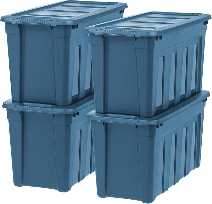 IRIS USA 31 Gallon Eco-Friendly Heavy Duty Storage Totes with Easy-Grip Handles, 4 Pack - Large Bins with Lids Garage Organizing Tubs, Durable Stackable Utility Containers, Made in USA - Navy by IRISUSA