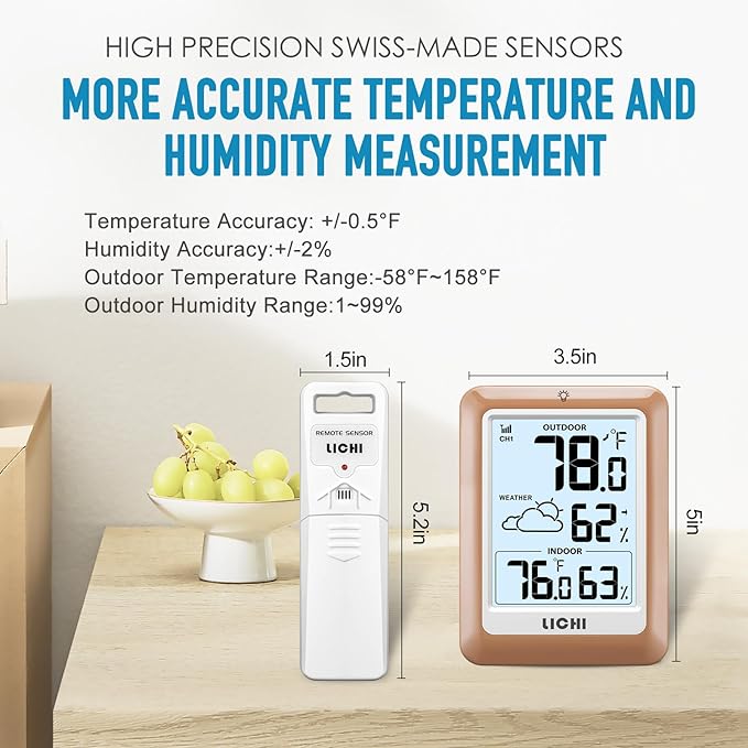 Indoor Outdoor Thermometer Wireless Weather Station, Internal External Thermometer Hygrometer, Home Batteryoperated Temperature Humiditymonitors330 Feet (About 100 Meters) Backlight Display (Khaki) - Image 5