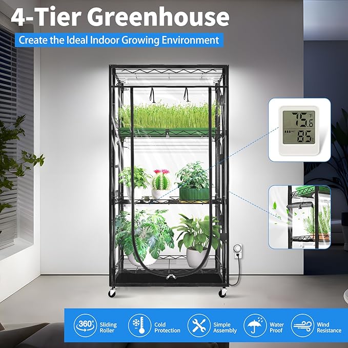 JESLED Indoor Greenhouse with Grow Light - Full Spectrum 5000K LED for Seed Starting, Tiered Lighting Control, Built-in Timer & Thermo-Hygrometer, Rolling Metal Plant Stand (23.6x13.8x59 in) - Image 3