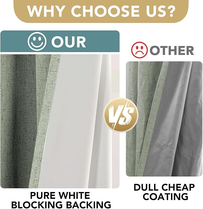 H.VERSAILTEX Linen Blackout Curtains 96 Inches Long 100% Absolutely Blackout Thermal Insulated Textured Linen Look Curtain Draperies Anti-Rust Grommet, Energy Saving with White Liner, 2 Panels, Sage - Image 3