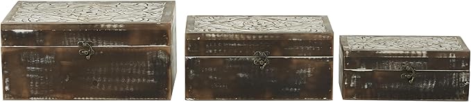 Deco 79 Wood Floral Handmade Decorative Box Decorative Keepsake Boxes with Hinged Lid, Set of 3 Storage Boxes 12", 11", 9"W, Brown - Image 4