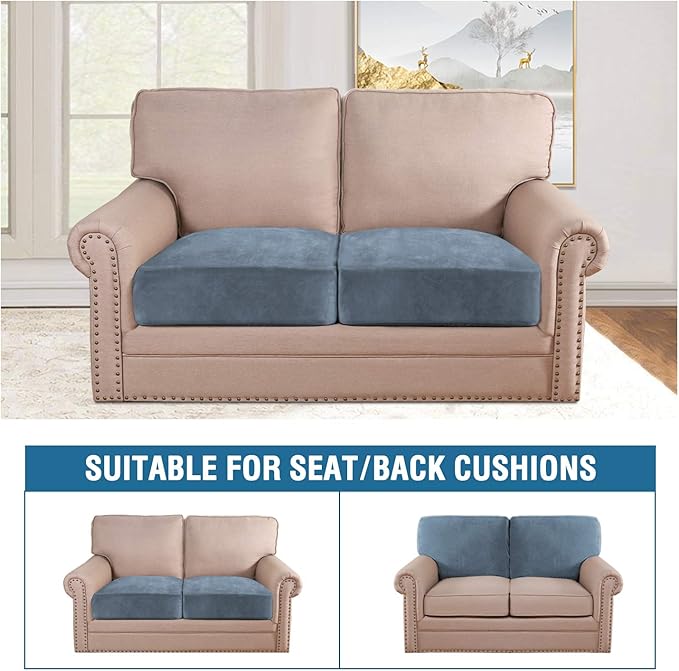 H.VERSAILTEX Velvet Stretch Couch Cushion Cover Plush Cushion Slipcover for Chair Loveseat Sofa Cushion Furniture Protector Seat Cushion Sofa Cover (2 Piece Medium Sofa Cushion Covers, Stone Blue) - Image 3