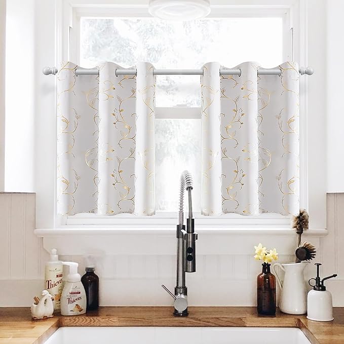 BUHUA Blackout Small Window Curtains for Kitchen and Bedroom Gold Foil Print Flower Grommet Short Thermal Insulated Room Darkening Curtains, Greyish White, 34Wx24L, 2 Panels - Image 2