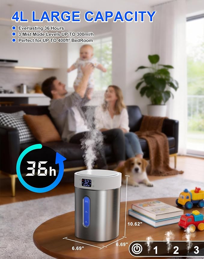 Humidifiers for Bedroom Large Room Baby, 4L Ultrasonic Cool Mist Humidifier, 304 Stainless Steel humidifiers, Auto Humidity Control, Humidity Display, Night Light, Quiet,Timer,Aromatherapy - Image 3