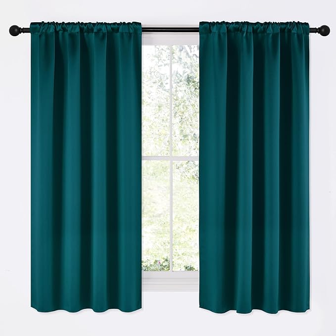NICETOWN Teal Blackout Cafe Faux Silk Curtains for Small Windows, 42" Wide by 63" Long, 2 Panels, Rod Pocket Thermal Insulated Blackout Satin Drapes for Bedroom by NICETOWN