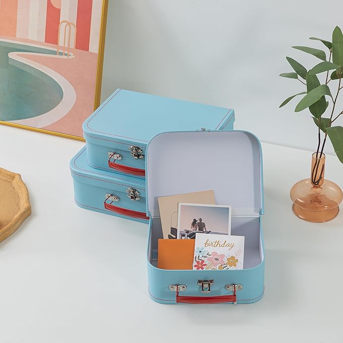 SLPR Paperboard Suitcases Set of 3, Light Blue - Vintage Cardboard Suitcase Decor, Nesting Luggage Decorative Mache Boxes with Hinged Lids and Brass Handles, Mini Suitcases for Centerpieces - Image 5