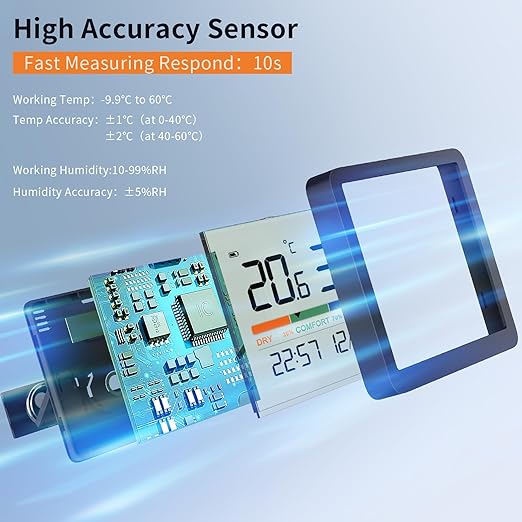 NOKLEAD Hygrometer Indoor Thermometer, Desktop Digital Thermometer with Temperature and Humidity Monitor, Accurate Humidity Gauge Room Thermometer with Clock (Black) - Image 4