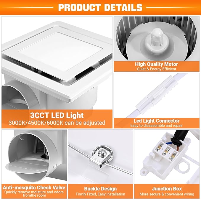 FEITON Square Bathroom Exhaust Fan with LED Light, Adjustable Color Temperature(3000K/4500K/6000K), 110 CFM 30W 4 Inch Duct, 110-220V 1.0 Sones Quiet Bathroom Ventilation Fan Light Combo Ceiling Mount - Image 5