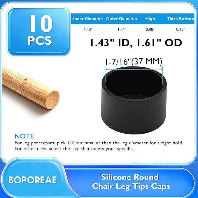 10 Pcs 1-7/16"(37 mm) Round Chair Leg Tips Caps, Silicone Rubber Furniture Leg Floor Protectors, Reduce Noise Folding Metal Chair Leg Cap Replacement for Bar Stool Leg Patio Indoor, Black - Image 9