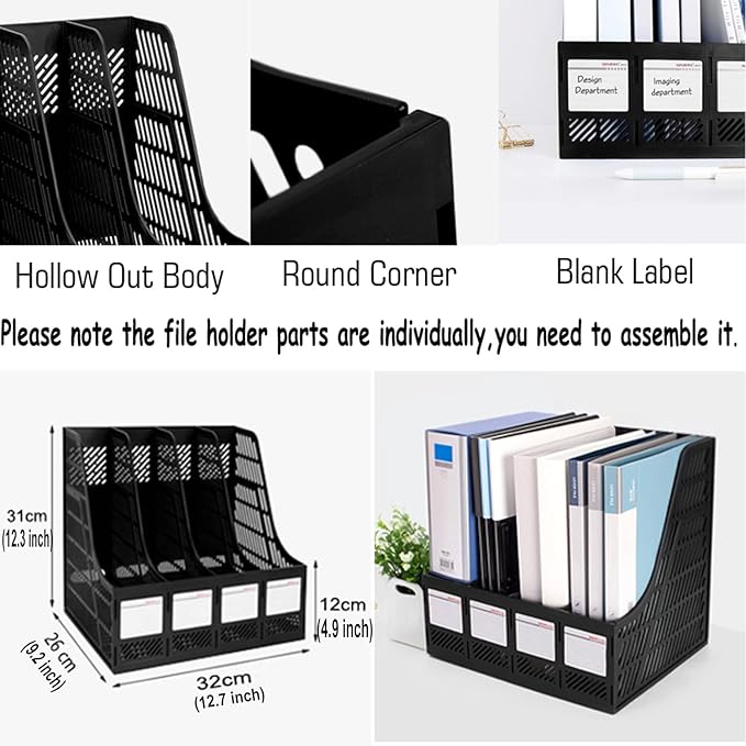 SAYEEC Desktop Magazine Holder Desk File Organizer 4 Compartments Vertical File Dividers Book Holder Frames Document Cabinet Rack Storage Organizer Box for Home Office School Black - Image 2
