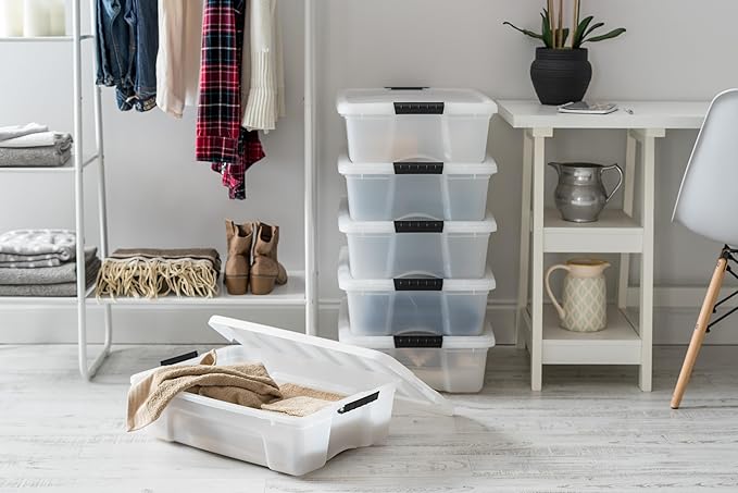 IRIS USA 27 Qt Stackable Plastic Storage Bins with Lids, 6 Pack - BPA-Free, Made in USA - Discreet Organizing Solution, Latches, Durable Nestable Containers, Secure Pull Handle - Pearl - Image 4