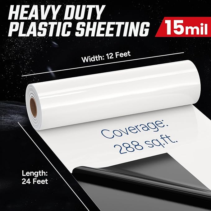 Crawl Space Vapor Barrier - 15 Mil Vapor Barrier - (12' x 24'), Tear Resistant, Heavy Duty Vapor Barrier Plastic, Drop Cloth Moisture Barrier Plastic Sheeting Covering for Crawlspace Encapsulation - Image 4