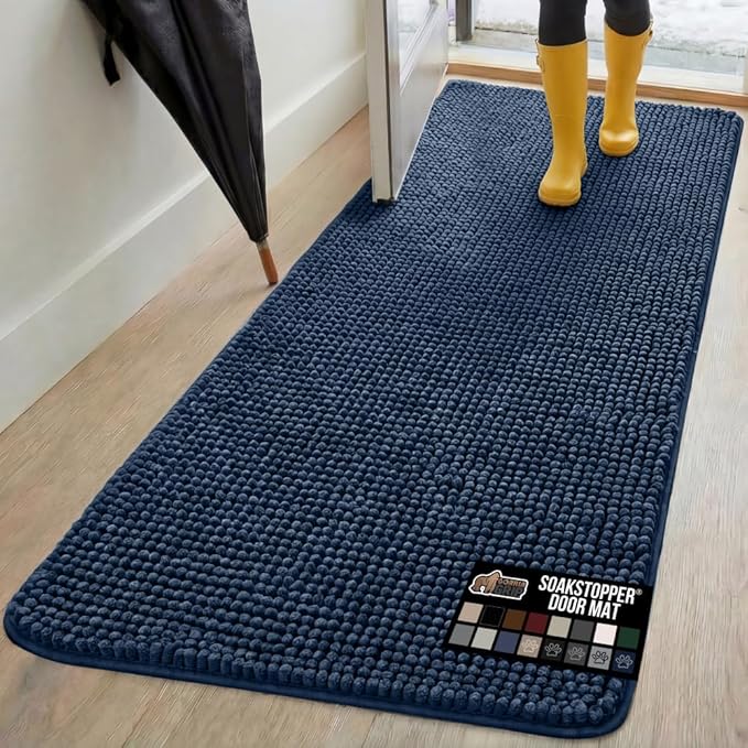 GORILLA GRIP SOAKSTOPPER Dog Door Mat, 70x24 Machine Washable Rug Absorbent Doormat Captures Moisture Mud Dirt, Quick Dry Soft Chenille Entryway Rugs Indoor Entrance Mats for Dog Paws, Navy Blue by GorillaGrip