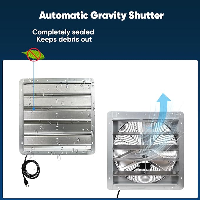 KEN BROWN 24 Inch Shutter Exhaust Fan with Controller Power Cord, Gable Vent Fan, Wall Mount Ventilation, High Speed 4200 CFM, Automatic Aluminum Blades, for Garages, Shop, Greenhouse, Attic - Image 6