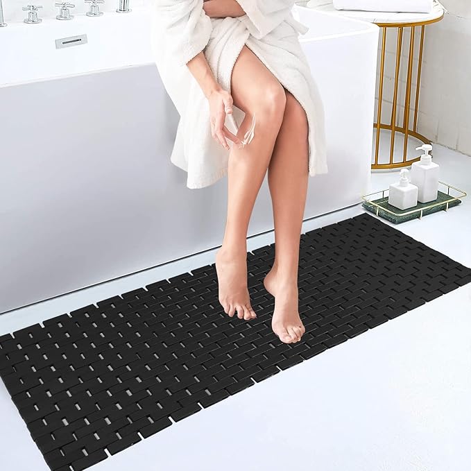 Bambo Bath Mat Bathroom Runner Long Large Rugs Floor Wood Shower Bathtub Waterproof Non Slip Accessories 16x48 Inch Easy to Clean,Black,1 pc by Fovlaurs