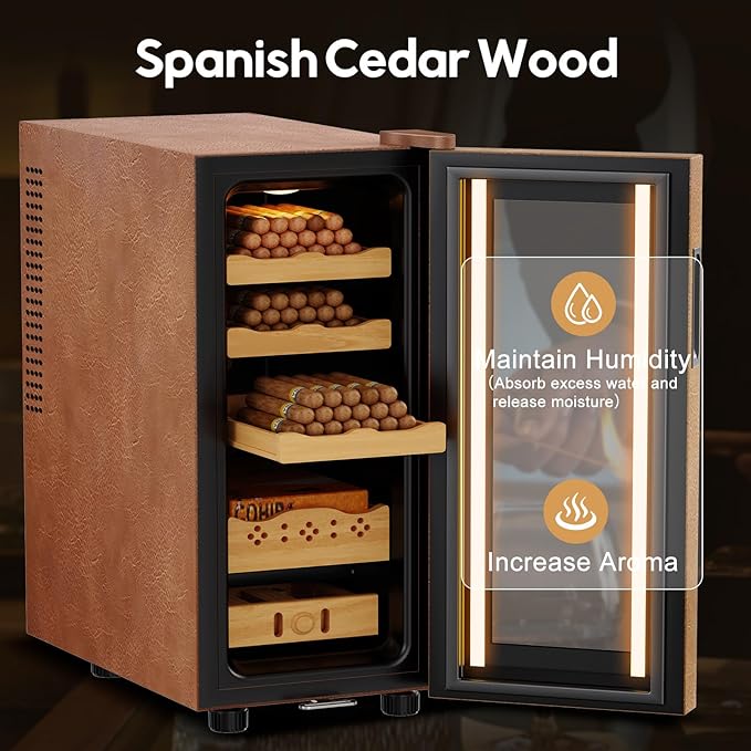 Electric Cooler Cabinet 35L with Temperature and Humidity Control, Leather Finish, Spanish Cedar Wood Shelves and Safety Lock (300 Counts Capacity), Gift for Men - Image 4