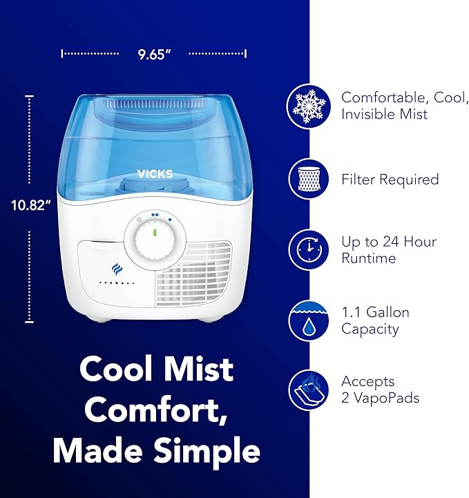 Vicks Filtered Cool Mist Humidifier, Medium Room, 1.1 Gallon Tank - Humidifier for Baby and Kids Rooms, Bedrooms and More, Works with Vicks VapoPads - Image 2