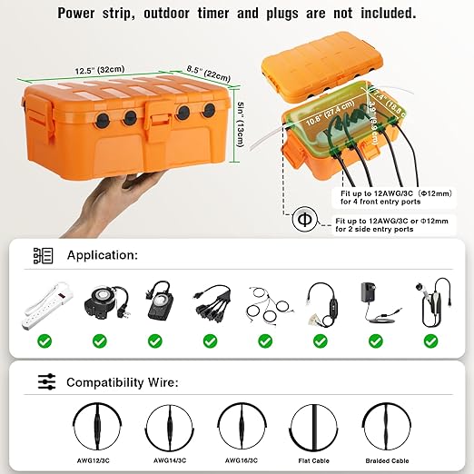 Flemoon Large Outdoor Electrical Box, IP54 Waterproof Outdoor Extension Cord Cover Weatherproof, Protect Outlet, Plug, Socket, Timer, Power Strip, Holiday Light Decoration, Orange - Image 2