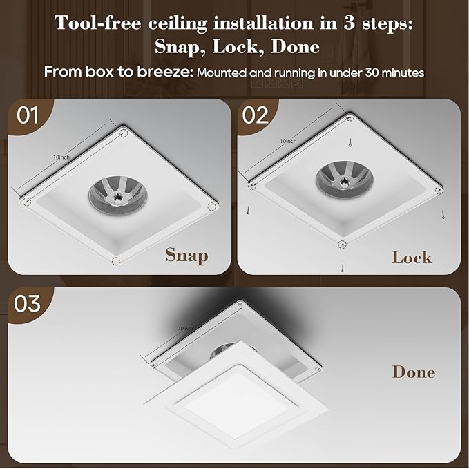 12" Ultra Quiet Bathroom Exhaust Fan with 6500K LED Light, 1.0 Sone 120 CFM, 10x10 Mount, 1500 LM Ceiling Ventilation Fan, Energy Efficient - Image 7