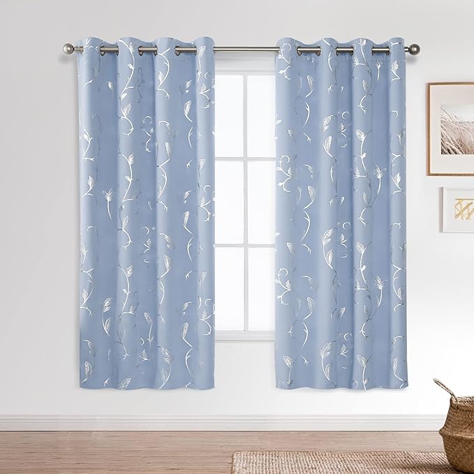 BUHUA Wave Floral Vine Print Blackout Curtains for Living Room Darkening Curtains Print Pattern Light Blocking Curtains for Bedroom 52W×72L Light Blue 2 Panels - Image 2