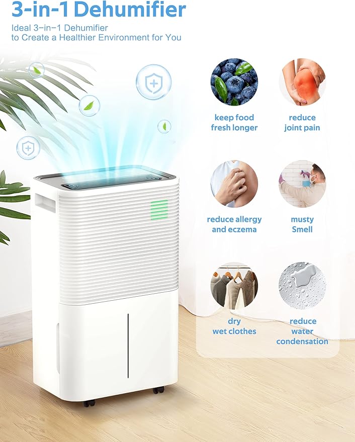 ZAFRO Dehumidifiers for Home, Bathroom, Bedroom, 45 Pints (50 Pint Under 90°F/90% RH) Dehumidifier with Auto Defrost, 4L Water Tank, 3 Colors LED Light, White - Image 7