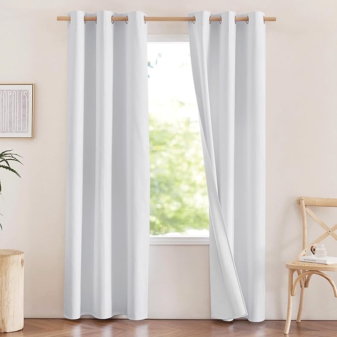 NICETOWN 100% Absolutely Blackout Linen Curtains with Thermal Insulated White Liner, White, 42 inches Wide, 84 inches Length Energy Saving Curtains for Living Room 2 Panels Set, Vertical Blinds by NICETOWN
