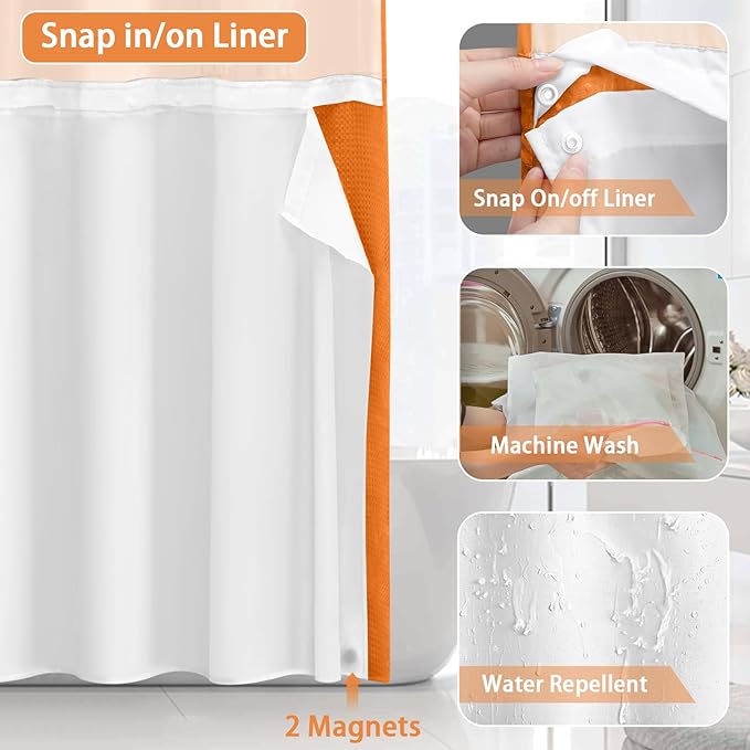 No Hook Shower Curtain and Liner Set,Orange Hotel Waffle Shower Curtain with Liner 75" L x 72" W - Image 4