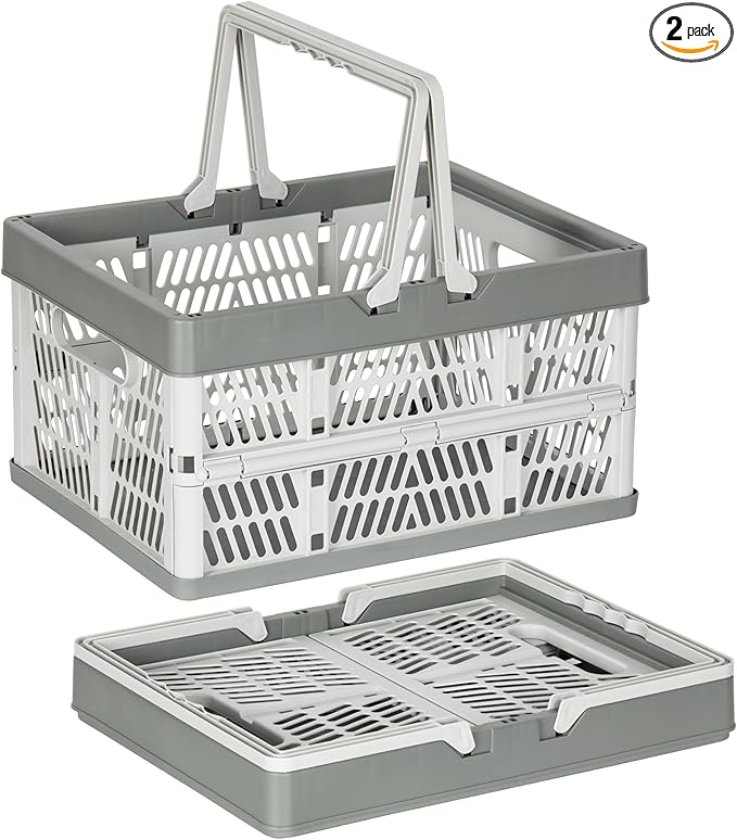 Heavy Duty Plastic Milk Crates for Storage, 2-Pack Stackable Storage Bins for Organizing, Collapsible Shopping Basket with Handle for Groceries, Suitable for Home Office School Store, Gray by PAG-Mass