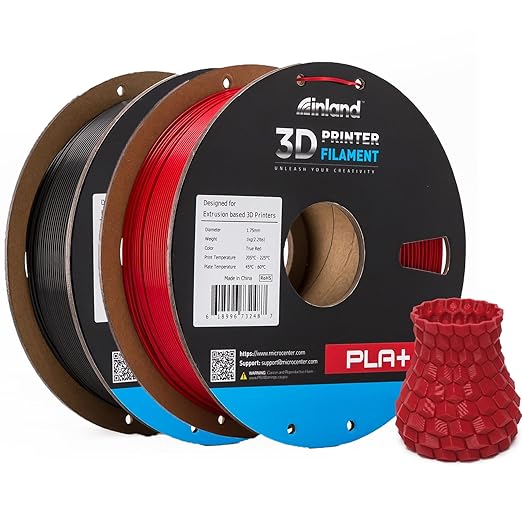 INLAND Micro Center PLA+ 3D Printing Filament 1.75mm - PLA Pro Dimensional Accuracy +/- 0.03 mm - 1kg Cardboard Spool (2.2 lbs) (2 Pack Black & True Red, 1.75mm) by INLAND