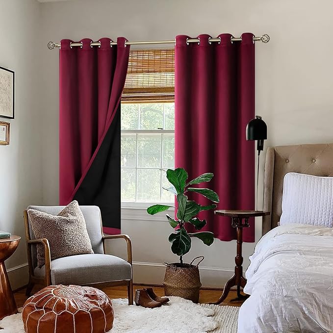 BGment Thermal Insulated 100% Blackout Curtains 72 Inch Length 2 Panels, Total Light Blocking Curtains for Bedroom, Grommet Window Drapes with Thick Black Liner, 52 Inch Wide Each Panel, Burgundy Red - Image 2