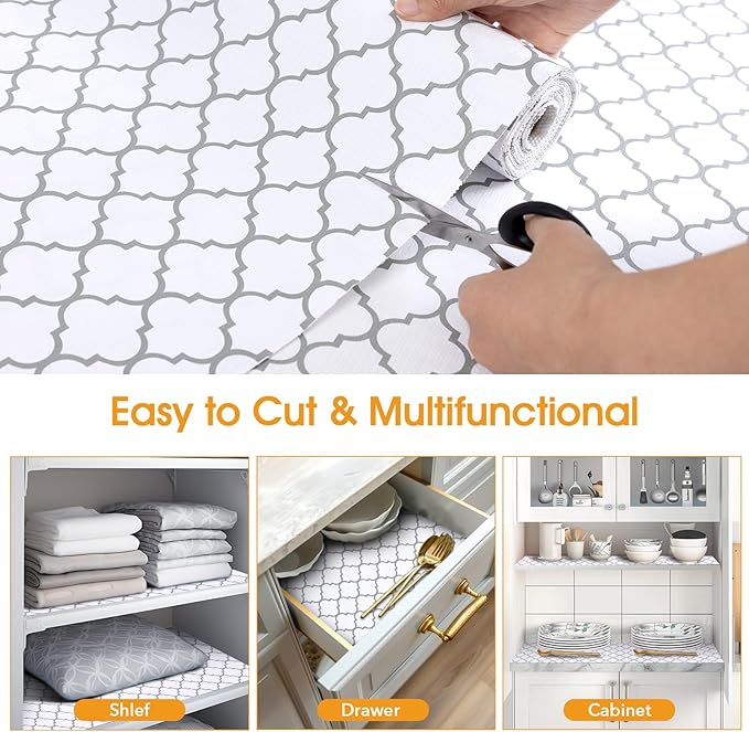 Shelf and Drawer Liner for Kitchen Cabinets Non-Adhesive, Strong Grip Non-Slip Thickened Cabinet Liners for Shelves, Waterproof Mats for Dresser Cupboard, White/Gray, 12 in x 20 Feet - Image 5