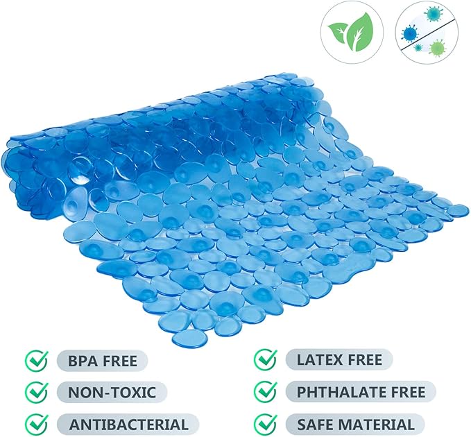WELTRXE Non Slip Bathtub Mat, 35 x 16 Inches Bathroom Pebbles Shower Mat with Suction Cups, Drain Holes, Suction Bath Mats for Tub Machine Washable - Clear Blue - Image 2