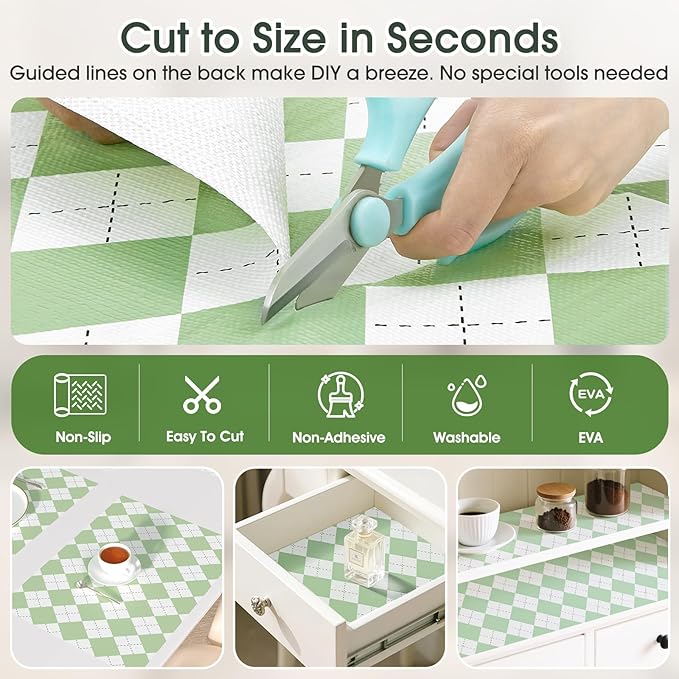 Coavas Extra Grip Thickened Shelf and Drawer Liner - Non-Adhesive Non-Slip Waterproof Mats for Kitchen Cabinets, Drawers, Shelves, Dresser & Cupboard, Easy Cut DIY (Green Rhombic, 12IN x 20FT) - Image 4