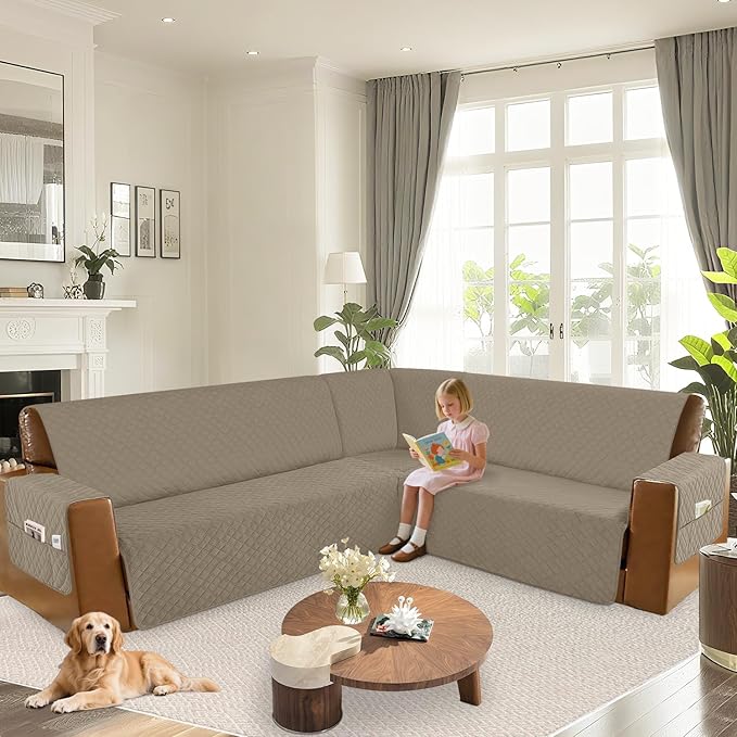 Arfntevss Waterproof Sectional Couch Covers L Shape Washable Velvet Sofa Cover for Sectional Non Slip Large Corner Slipcovers Dog 6 Pcs Universal U Shaped Furniture Protector (Camel, X-Large) - Image 6