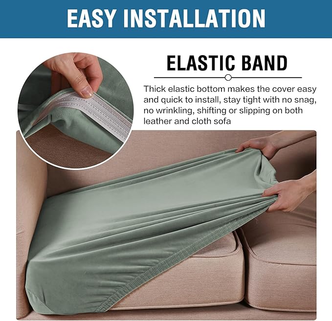 H.VERSAILTEX Velvet Stretch Couch Cushion Cover Plush Cushion Slipcover for Chair Loveseat Sofa Cushion Furniture Protector Seat Cushion Sofa Cover (3 Piece XL Sofa Cushion Covers, Sea Grass) - Image 4