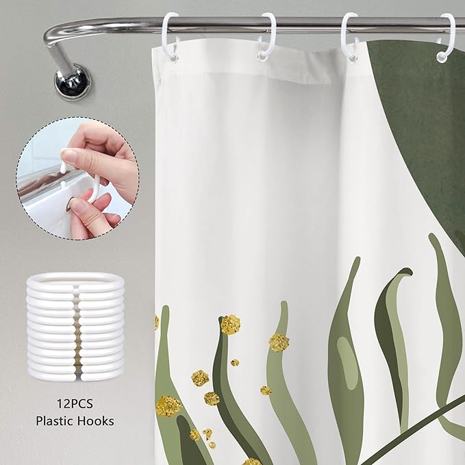 Green Pink Boho Shower Curtain 72Wx72H Modern Bohemian Abstract Sage Green Gold Leaves Plant Botanical Minimalist Bathroom Decor Geometric Neutral Bath Curtain Fabric Polyester 12 Pack Hook - Image 4