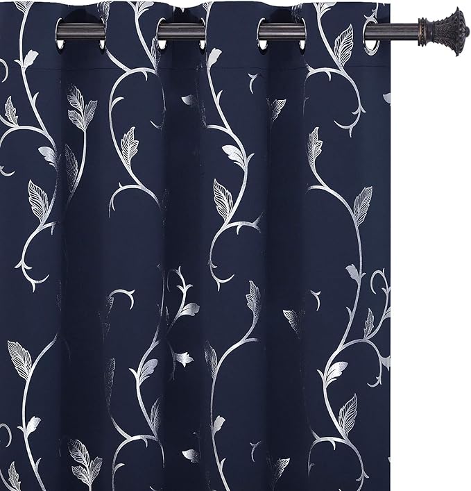 BUHUA Blackout Curtains 84 Inch Length 2 Panels Thermal Insulated Window Treatment for Bedroom Grommet Room Darkening Curtains with Wave Vine Printed (52 x 84 Inch, Navy Blue) by BUHUA